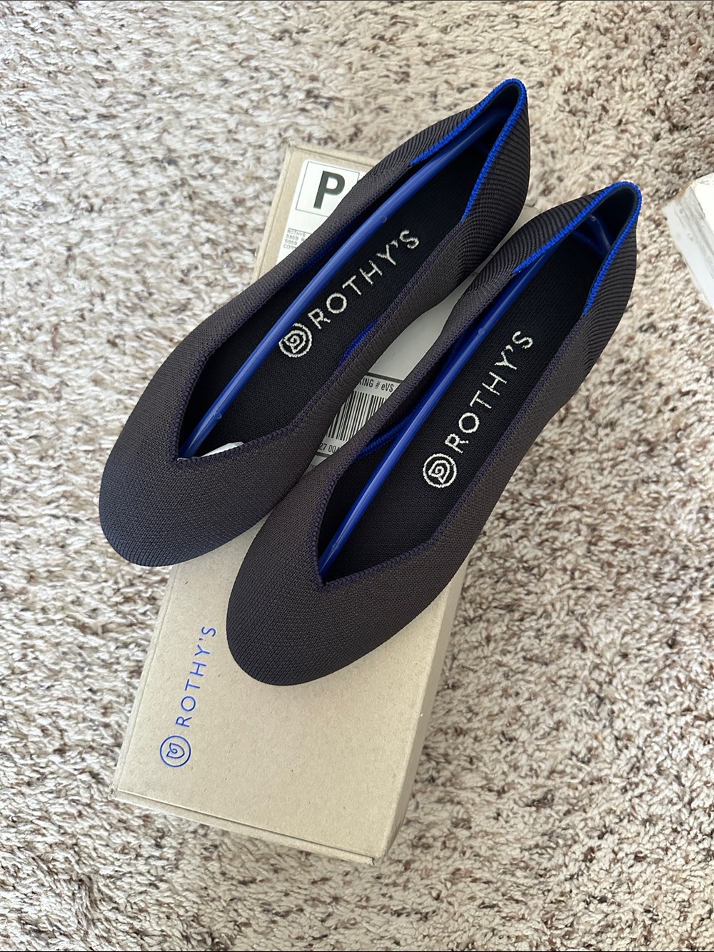 Rothy's Black Pointed Knit Flats with Blue Trim